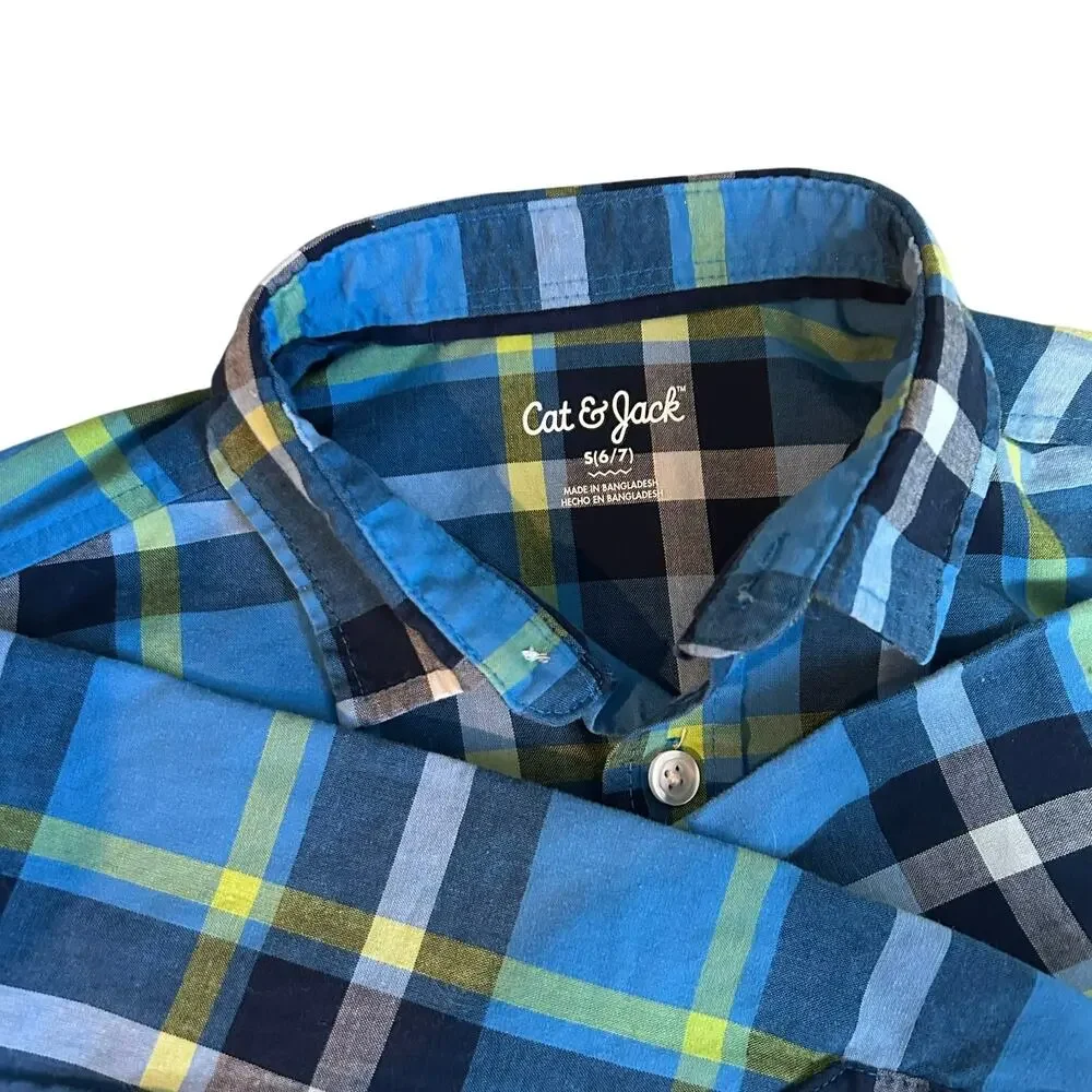 Cat & Jack Boys Blue Green Plaid Button Down S 6/7 FLAW